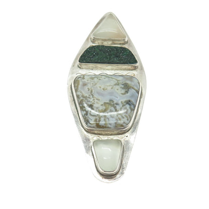 Old Pawn 925 Sterling Silver Vintage MLS Agate Druzy & Chalcedony Tribal Pendant