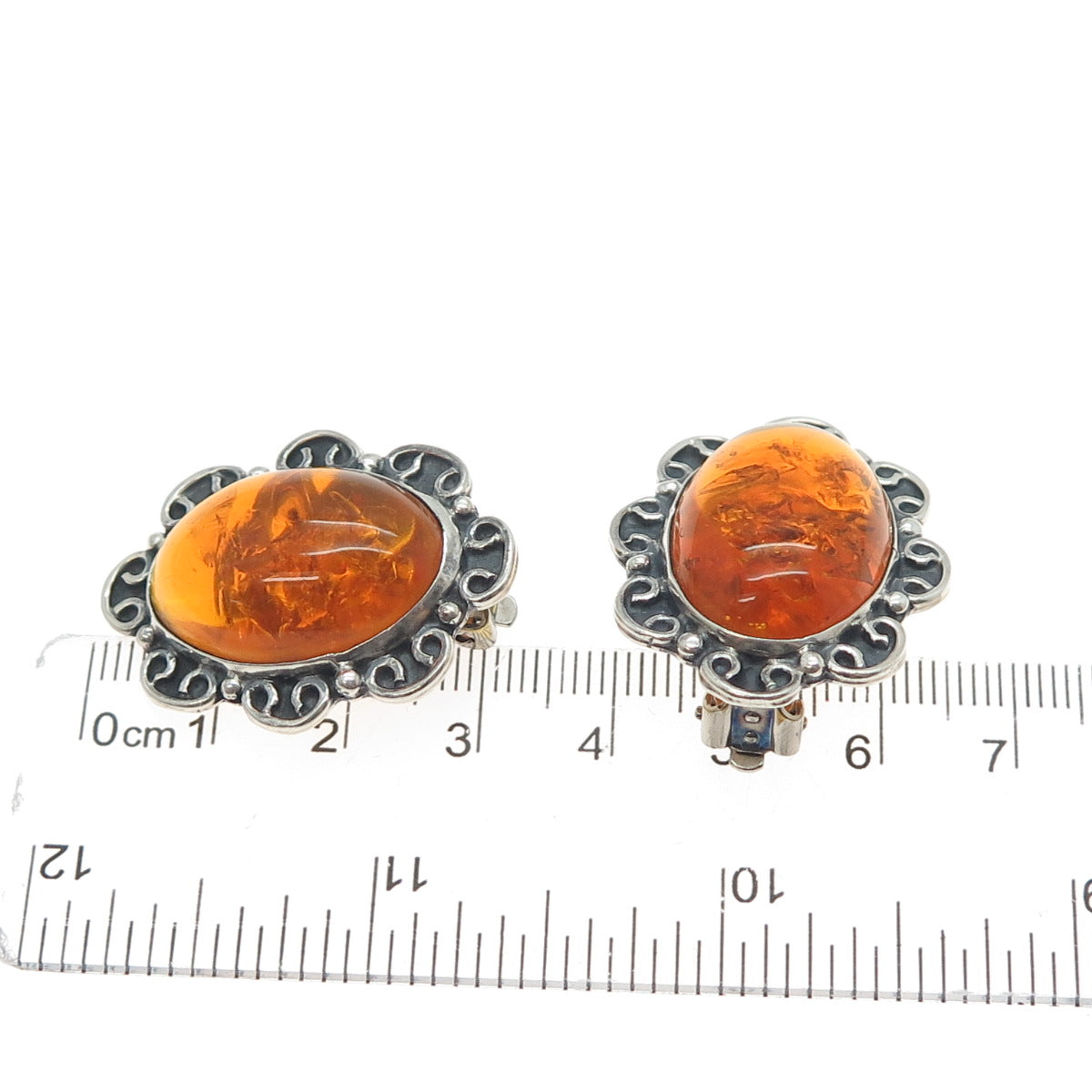 925 Sterling Silver Vintage Mexico Real Amber Flower Oxidized Clip On Earrings