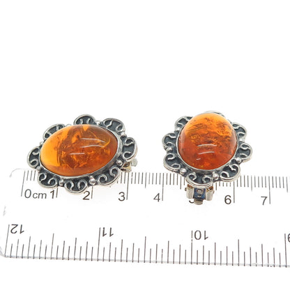 925 Sterling Silver Vintage Mexico Real Amber Flower Oxidized Clip On Earrings