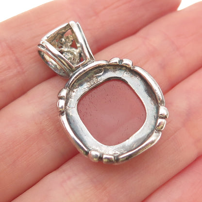 925 Sterling Silver Vintage Real Rose Quartz Swirl Oxidized Charm Pendant