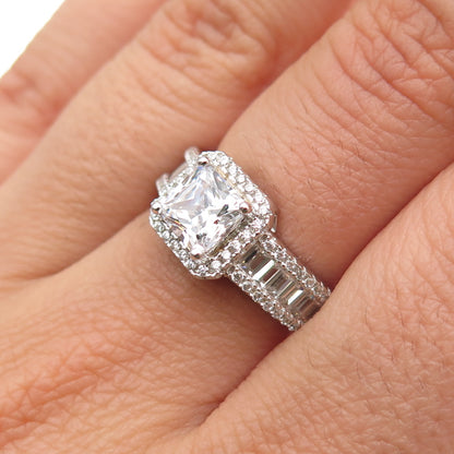 925 Sterling Silver Princess Emerald & Round-Cut C Z Engagement Ring Size 6