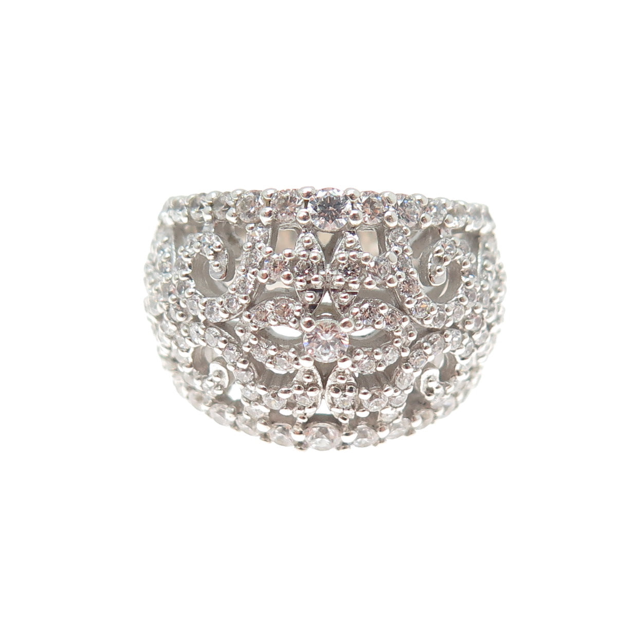 925 Sterling Silver Round-Cut C Z Ornate Ring Size 7.25