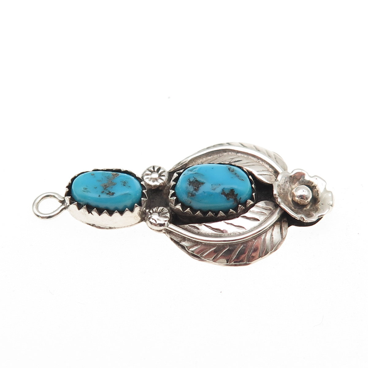 Old Pawn Sterling Silver Vintage Southwestern Turquoise Floral & Feather Pendant
