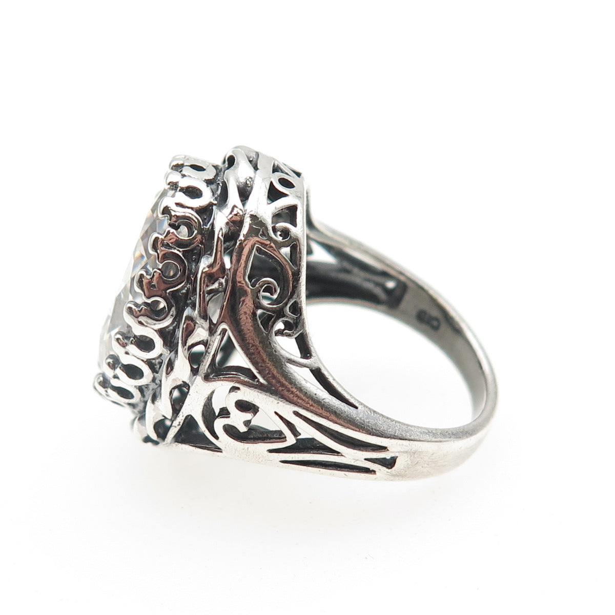 CLYDE DUNEIER 925 Sterling Silver Vintage Oval-Cut C Z Oxidized Ring Size 6.5
