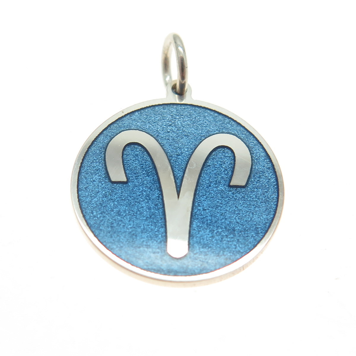 925 Sterling Silver Blue Enamel Aries Zodiac Sign Round Minimalist Charm Pendant