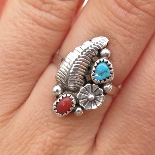 Old Pawn Sterling Silver Vintage Turquoise Coral Flower & Feather Ring Size 6.5