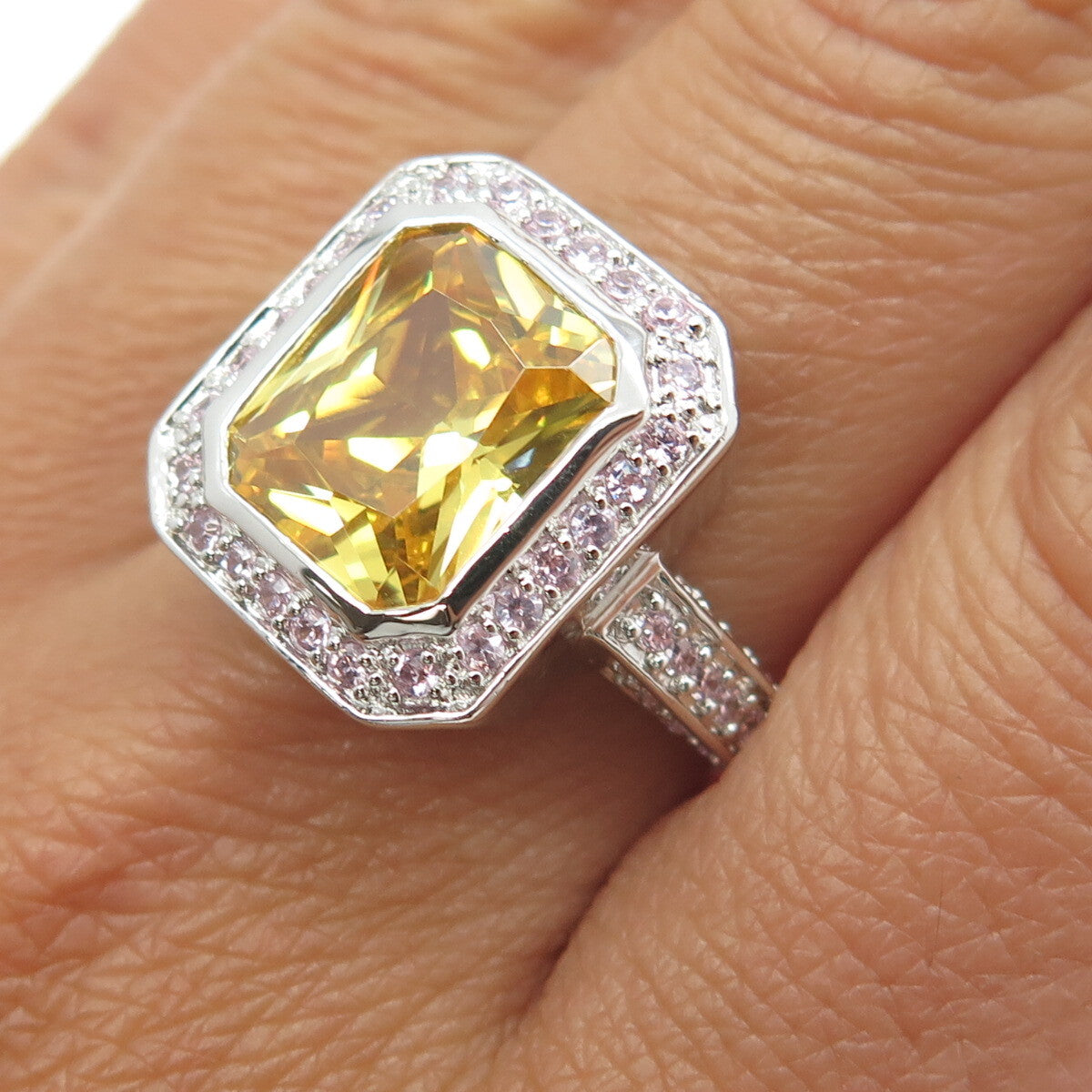 925 Sterling Silver Canary & Pink C Z Bohemian Ring Size 9