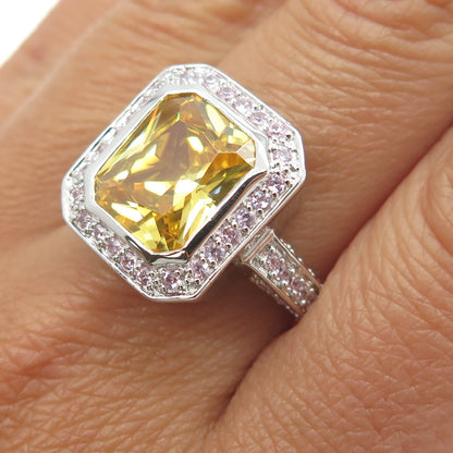 925 Sterling Silver Canary & Pink C Z Bohemian Ring Size 9