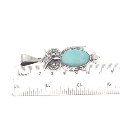 950 Silver Vintage Real Amazonite Owl Bird Oxidized Pendant