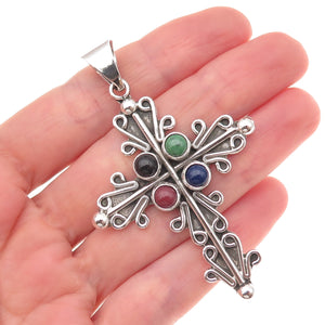 Carsi Sterling Silver Vintage Mexico Turquoise Lapis Onyx Sugilite Cross Pendant