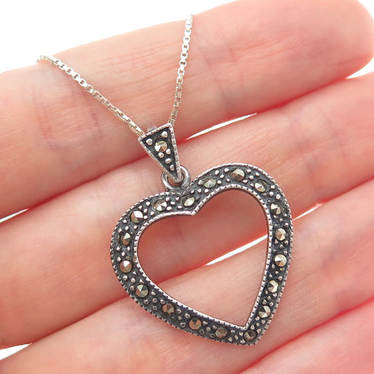 925 Sterling Silver Vintage Italy Real Marcasite Heart Box Chain Necklace 18"