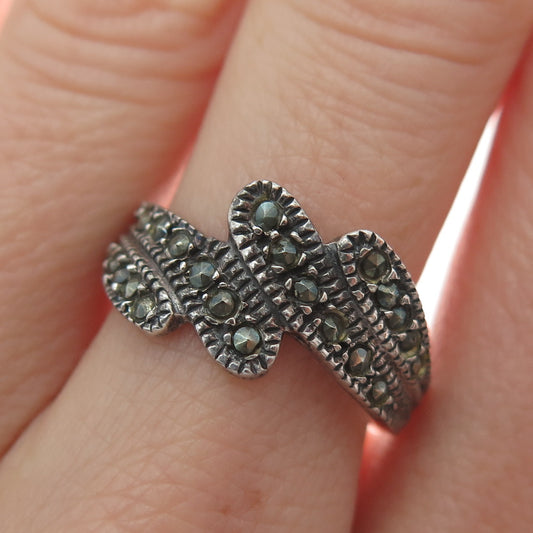 925 Sterling Silver Vintage Real Marcasite Bypass Oxidized Ring Size 7.25