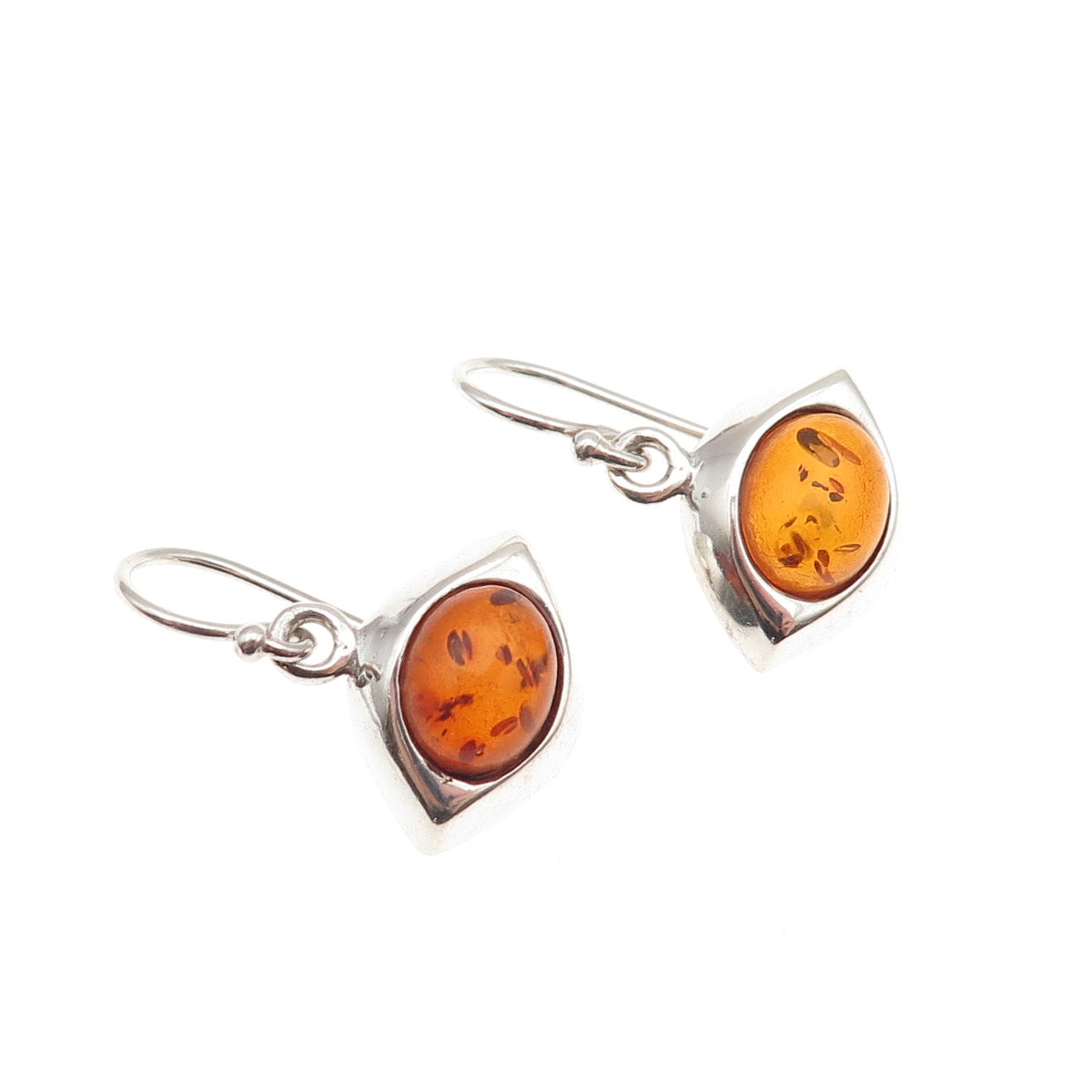 925 Sterling Silver Vintage Real Amber Modernist Evil's Eye Dangle Earrings