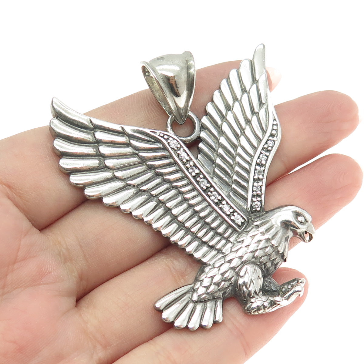 925 Sterling Silver Vintage Round-Cut C Z American Eagle Oxidized Pendant