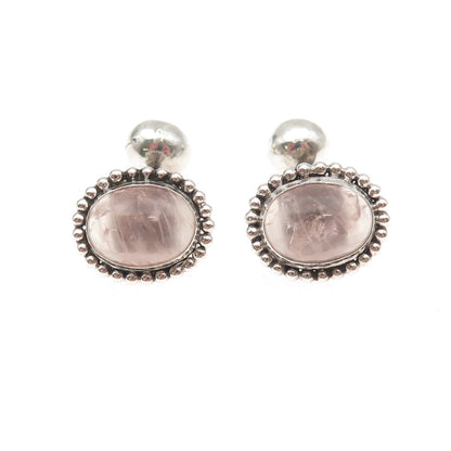 925 Sterling Silver Vintage Real Rose Quartz Beaded Oxidized Cufflinks