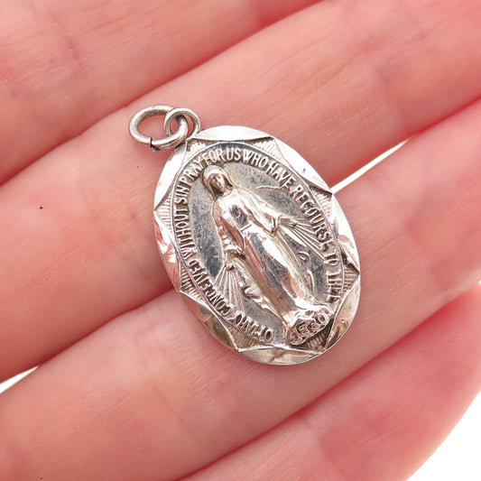 925 Sterling Silver Antique Art Deco St. Mary Miraculous Medal Charm Pendant