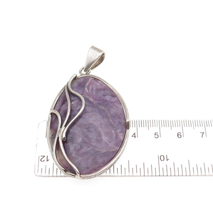 925 Sterling Silver Vintage Real Charoite Modernist Large Pendant