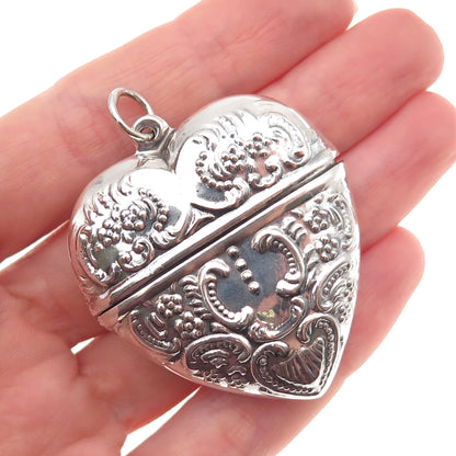 925 Sterling Silver Vintage Heart Repousse Chatelaine Box Oxidized Pendant