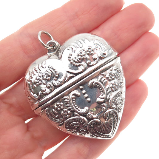 925 Sterling Silver Vintage Heart Repousse Chatelaine Box Oxidized Pendant