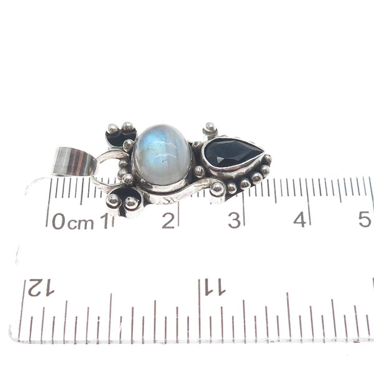 925 Sterling Silver Vintage Real Moonstone & Black Spinel Beaded Pendant