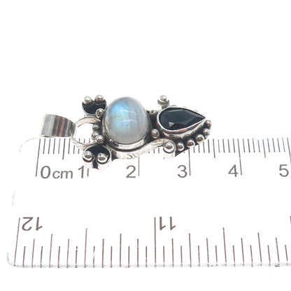 925 Sterling Silver Vintage Real Moonstone & Black Spinel Beaded Pendant