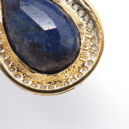 925 Sterling Silver Gold Plated Real Diamond & Sapphire Teardrop Dangle Earrings