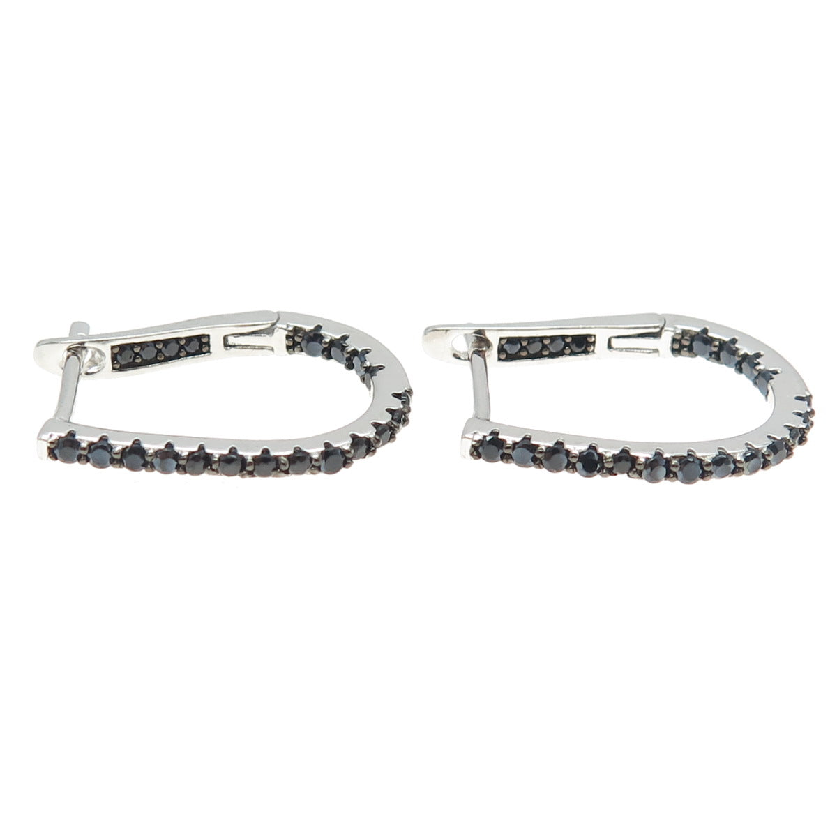 925 Sterling Silver Round-Cut Black C Z Hoop Earrings