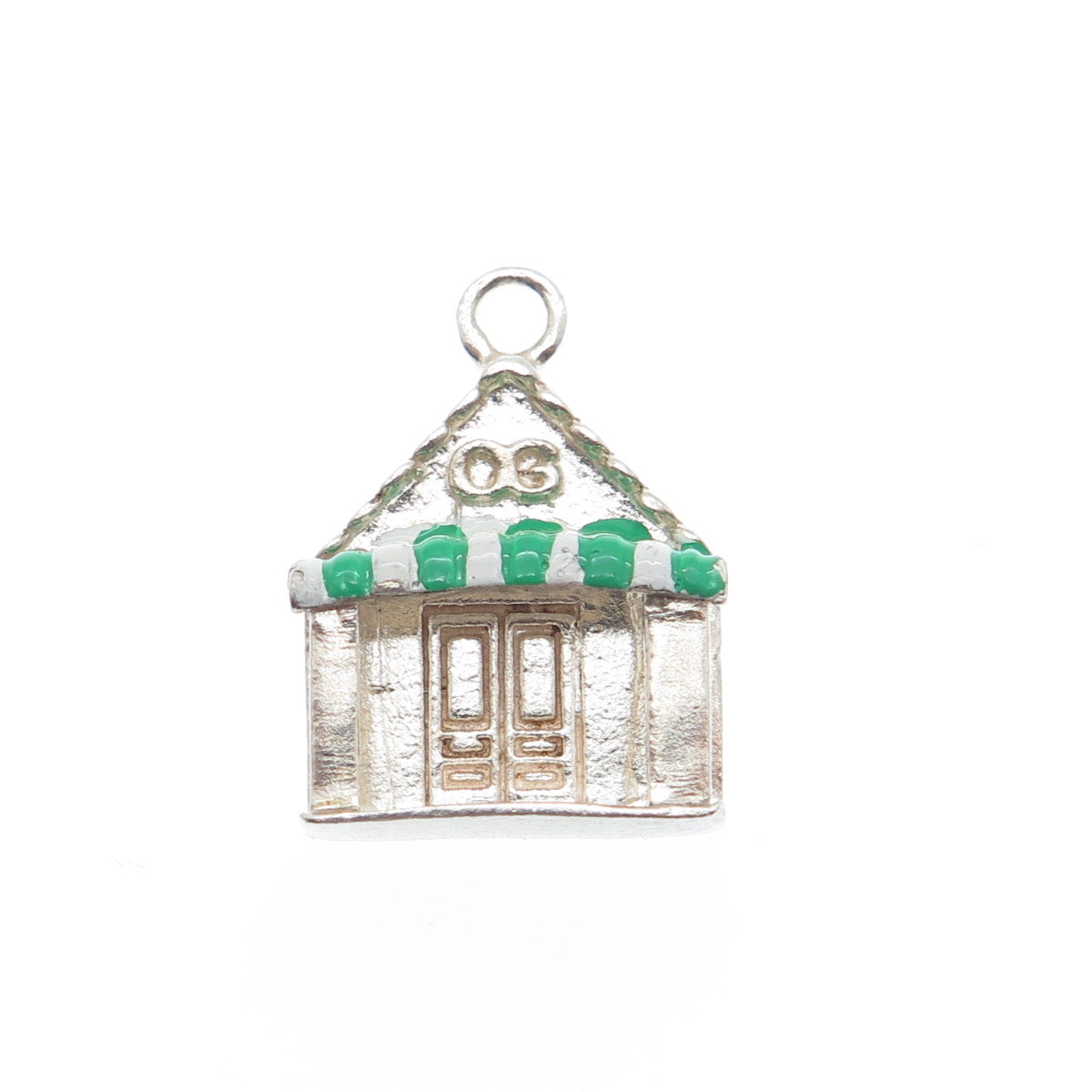 925 Sterling Silver Vintage Green & White Enamel OG House Porch Charm Pendant