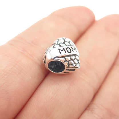 925 Sterling Silver Mom Heart Oxidized Slide Bead Charm