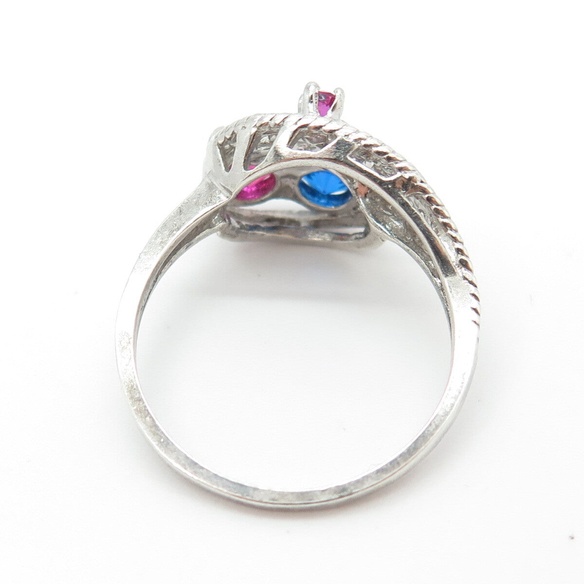 925 Sterling Silver Vintage Lab-Created Pink Sapphire & Blue C Z Ring Size 9