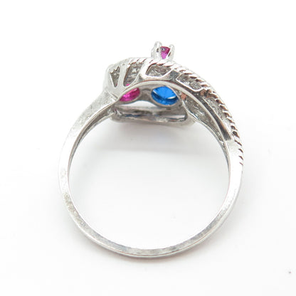 925 Sterling Silver Vintage Lab-Created Pink Sapphire & Blue C Z Ring Size 9