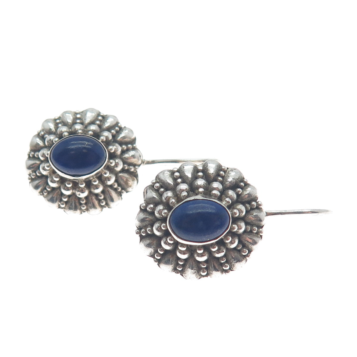 925 Sterling Silver Vintage Real Lapis Lazuli Beaded Floral Oxidized Earrings
