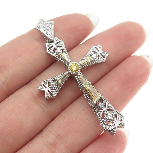 ROSS SIMONS 925 Sterling Silver White & Lemon C Z Ornate Cross Pendant