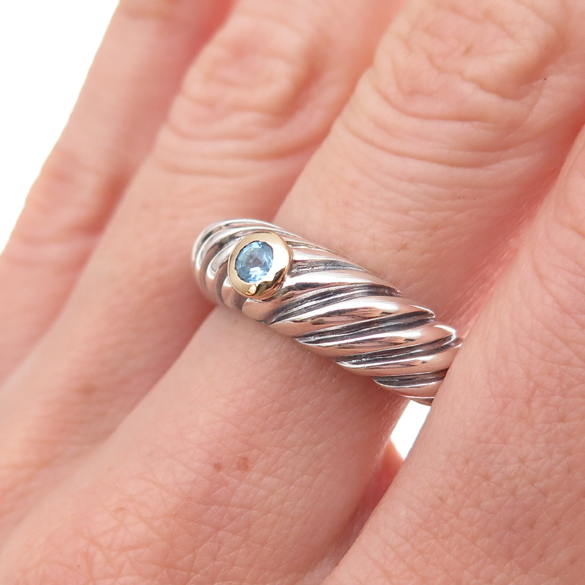 Flli Menegatti Sterling Silver 18K Gold Vintage Italy Blue Topaz Ring Size 9.75