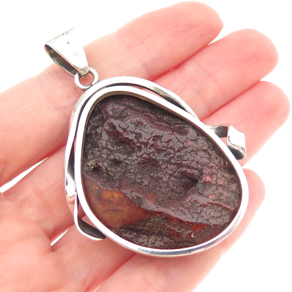 925 Sterling Silver Vintage Real Amber Modernist Oxidized Pendant