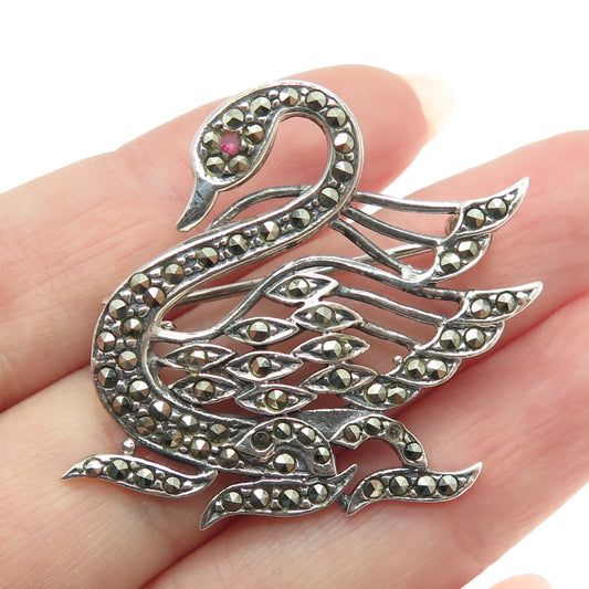 BELLARRI 925 Sterling Silver Vintage Real Ruby & Marcasite Swan Bird Pin Brooch