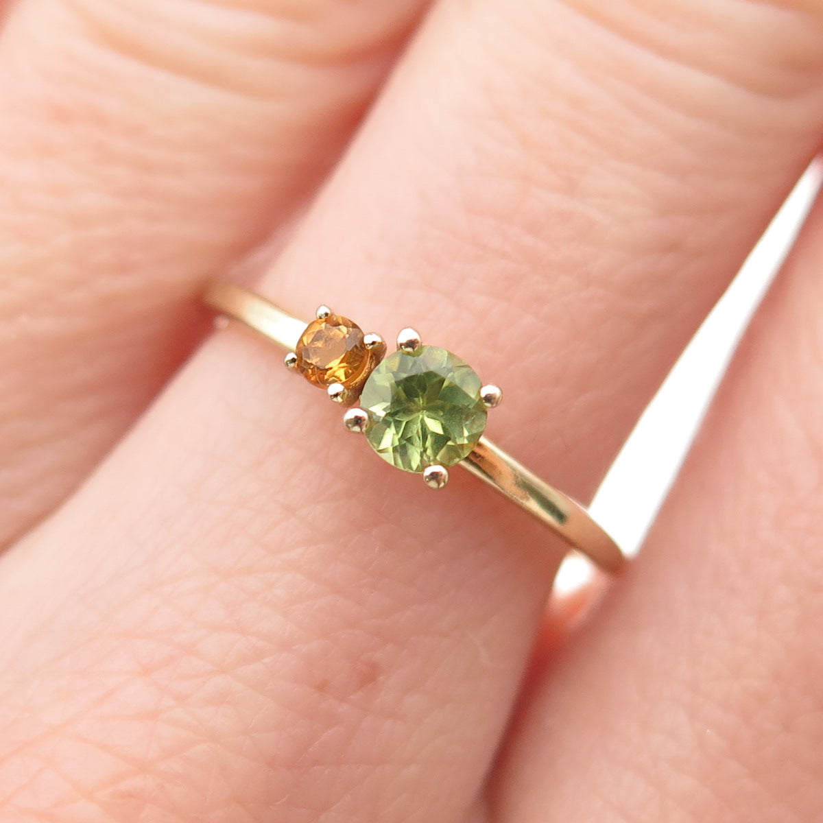 925 Sterling Silver Gold Plated Real Round-Cut Peridot & Citrine Ring Size 7