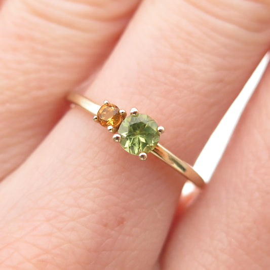 925 Sterling Silver Gold Plated Real Round-Cut Peridot & Citrine Ring Size 7