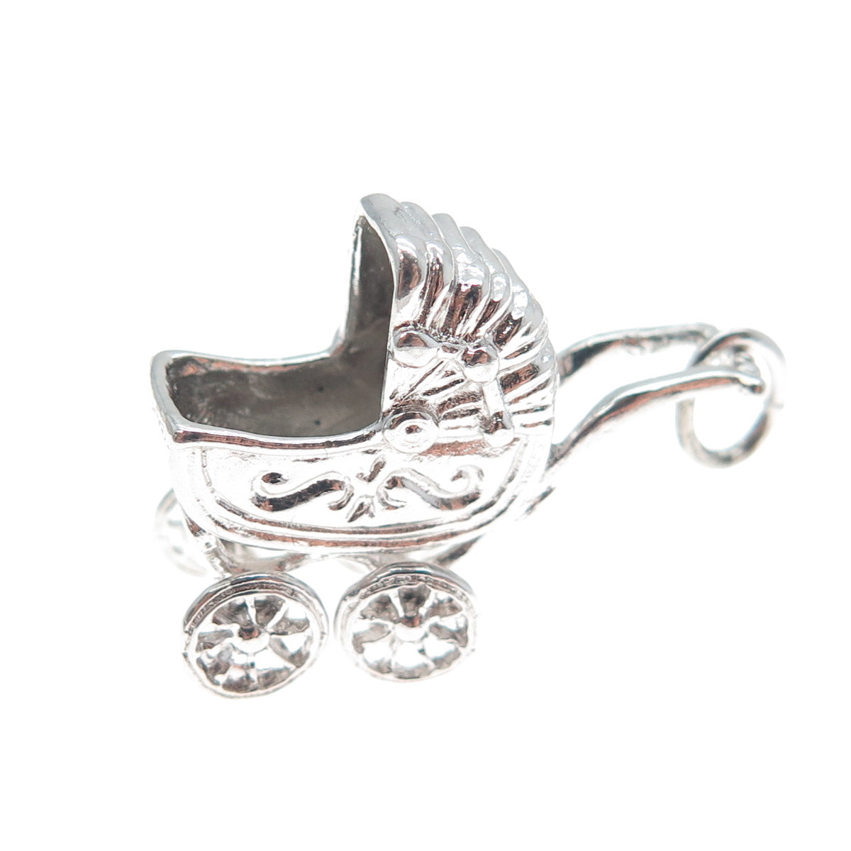 SPENCER 925 Sterling Silver Antique Baby Carriage Minimalist 3D Charm Pendant
