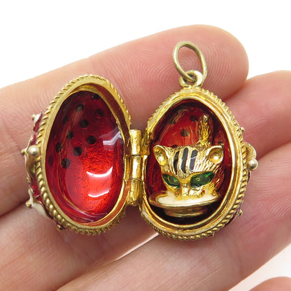 925 Sterling Gold Plated Vintage Enamel Rhinestone Easter Egg Cat Locket Pendant