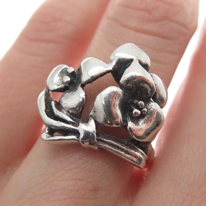 925 Sterling Silver Vintage Flower Oxidized Ring Size 8