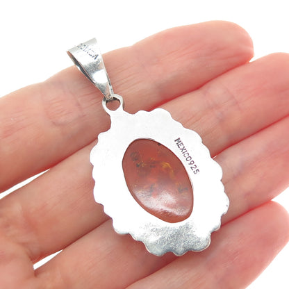 925 Sterling Silver Vintage Mexico Real Amber Modernist Oxidized Charm Pendant