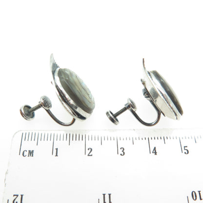 DANECRAFT Sterling Silver Antique Real Abalone Shell Floral Screw Back Earrings