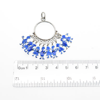 925 Sterling Silver Vintage Italy Enamel Children Multi-Charm Pendant