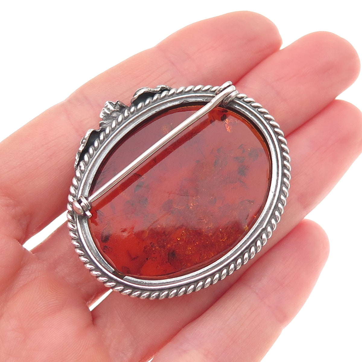 925 Sterling Silver Vintage Real Amber Floral Oxidized Pin Brooch