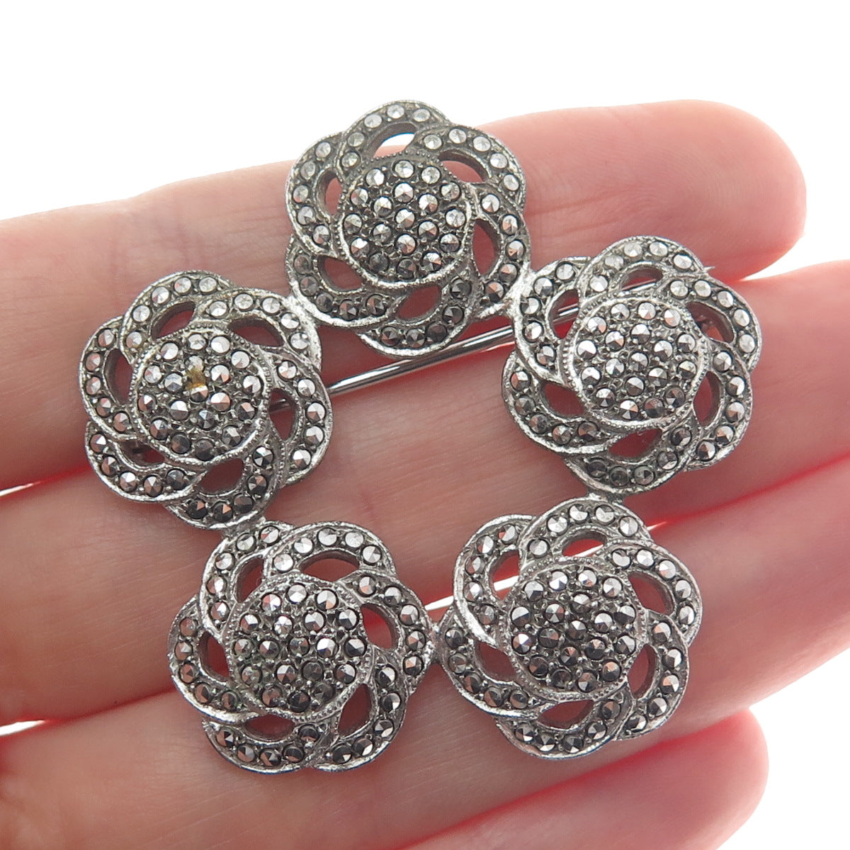 925 Sterling Silver Antique Art Deco Real Marcasite Flower Oxidized Pin Brooch