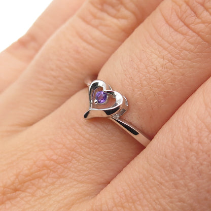 925 Sterling Silver Round-Cut Purple C Z Heart Ring Size 6.5
