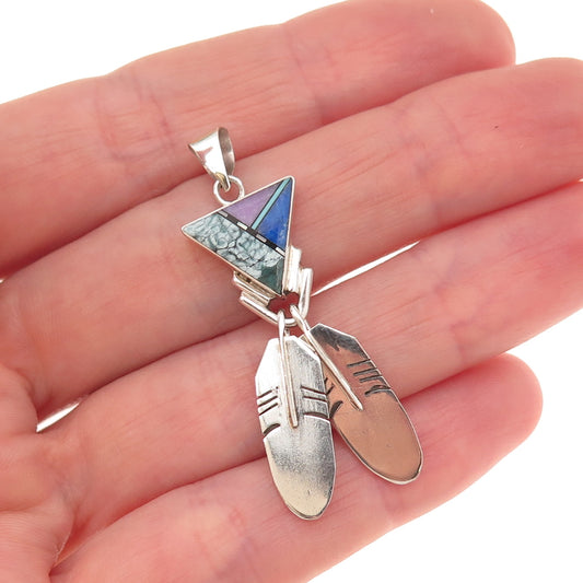 Duran Gasper Zuni Old Pawn 925 Sterling Silver Vintage Multi-Gem Feather Pendant
