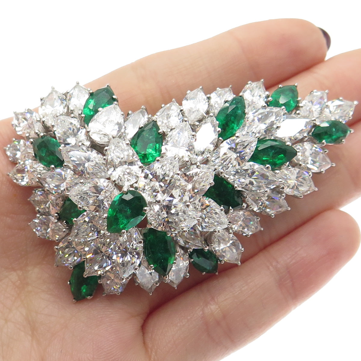 925 Sterling Silver Vintage Pear & Marquise Nano Emerald C Z Sparkle Pin Brooch