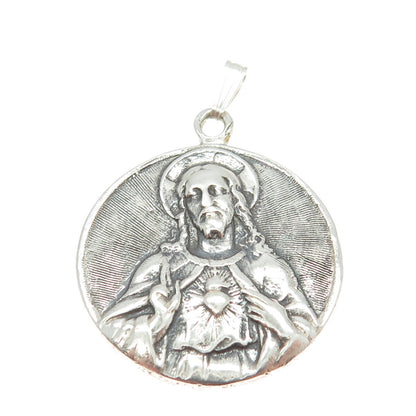 925 Sterling Silver Antique Art Deco Jesus & St. Mary Miraculous Medal Pendant